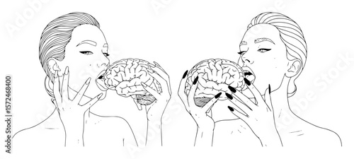 surreal illustration of two women sharing a brain vector line art