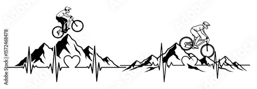 mountain biking with heartbeat line and cyclist