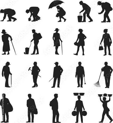 Silhouette of people carrying tools, daily routine activities, elderly walking stick, labor workers, lifestyle actions, black vector illustration flat vector illustration