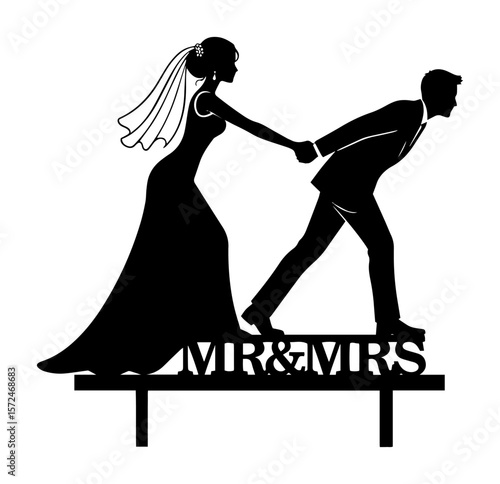 bride dragging reluctant groom silhouette cake topper