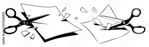 scissors cutting paper silhouette and line art vector set