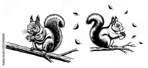 squirrel on branch eating nut vector sketch and silhouette