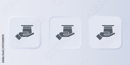 Grey Magician hat in hand icon isolated on grey background. Magic trick. Mystery entertainment concept. Set icons in square buttons. Vector