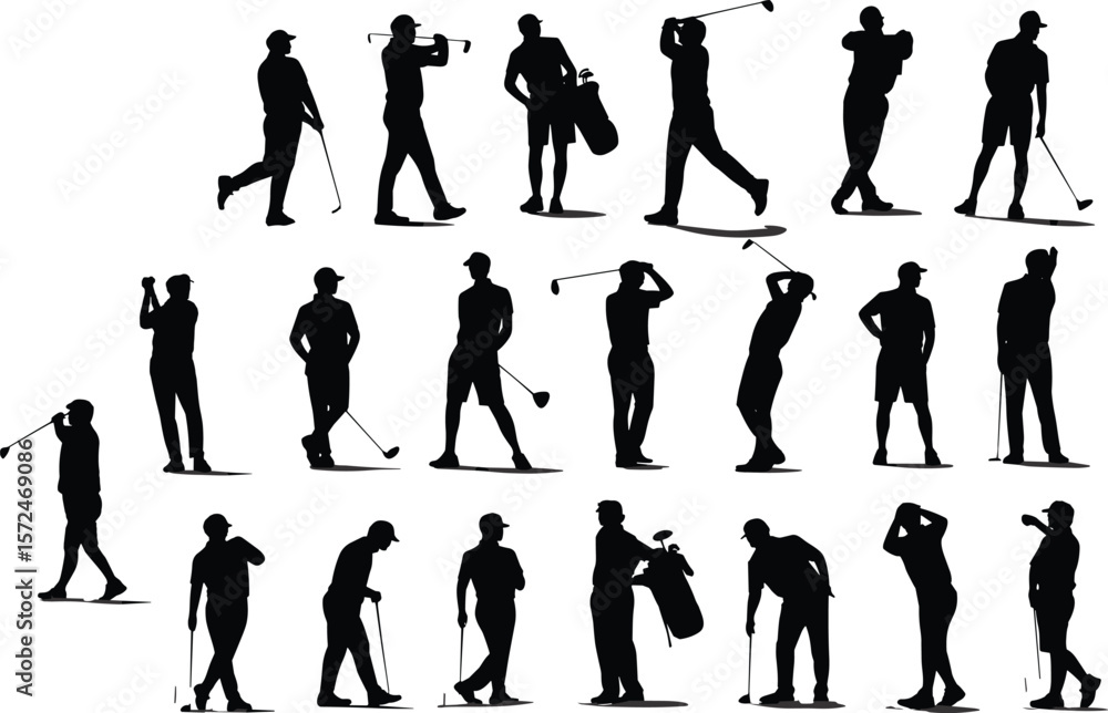 Obraz premium Silhouette vector of male golfers playing, swinging, standing, putting, carrying golf bag, professional golf illustration, flat isolated design art
