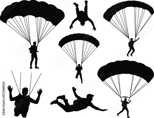 Silhouette vector illustration of skydivers parachuting and freefalling in various positions, sky sports action figures isolated on white background