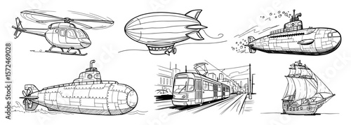 hand drawn transportation vehicles set helicopter airship submarine train ship