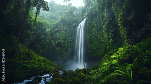 Waterfall surrounded by vibrant flowers and tropical greens glowing sunlight high resolution picture