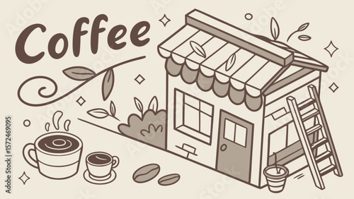 Cute coffee shop illustration with coffee cups and beans for cafe or restaurant design and branding project