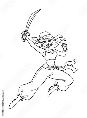 arabian princess warrior with sword coloring page vector