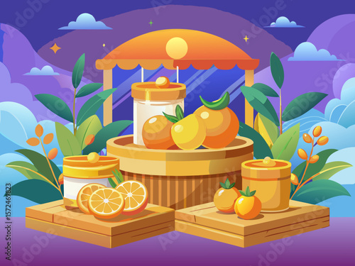 vector of Podium background with beautiful scene of orange fruit scene in wooden basket next to product presentation concept design mockup