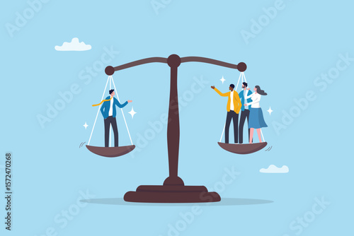 Full time or contractor decision, worker or employee equality, salary or wages pay check, responsibility, staff capability judgement, efficiency concept, business people balance on scale.