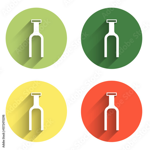 Set Bicycle suspension fork icon isolated with long shadow background. Sport transportation spare part steering wheel. Color circle button. Vector
