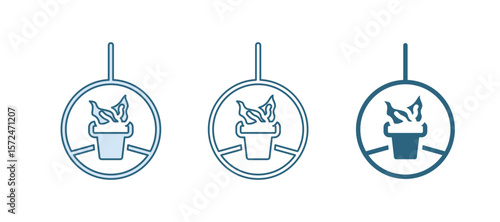 Blue Plant in hanging pot icon isolated on white background. Decorative macrame handmade hangers for flower pot, hang indoor plants. Vector