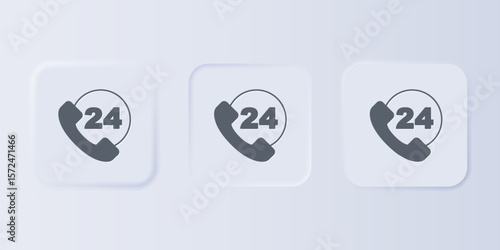 Grey Telephone 24 hours support icon isolated on grey background. All-day customer support call-center. Full time call services. Set icons in square buttons. Vector