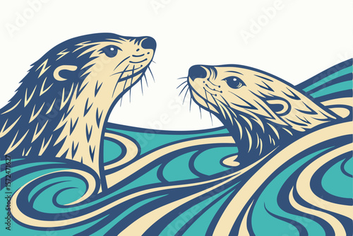 Illustration of two otters swimming in the sea. Vector illustration.