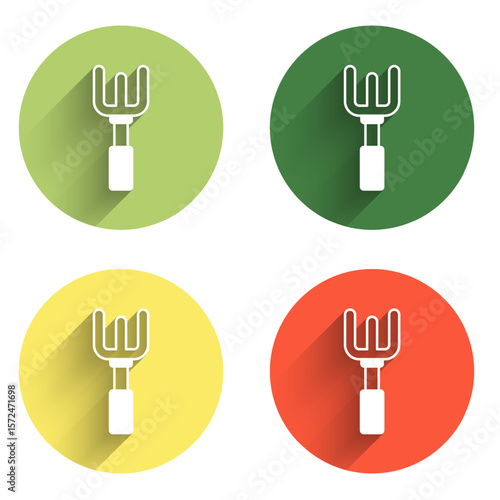 Set Garden rake icon isolated with long shadow background. Tool for horticulture, agriculture, farming. Ground cultivator. Housekeeping equipment. Color circle button. Vector