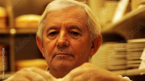 baker with gray hair is seen up close, breaking bread in a warm-toned bakery environment. His focused expression and flour-covered hands highlight his experience and craftsmanship.