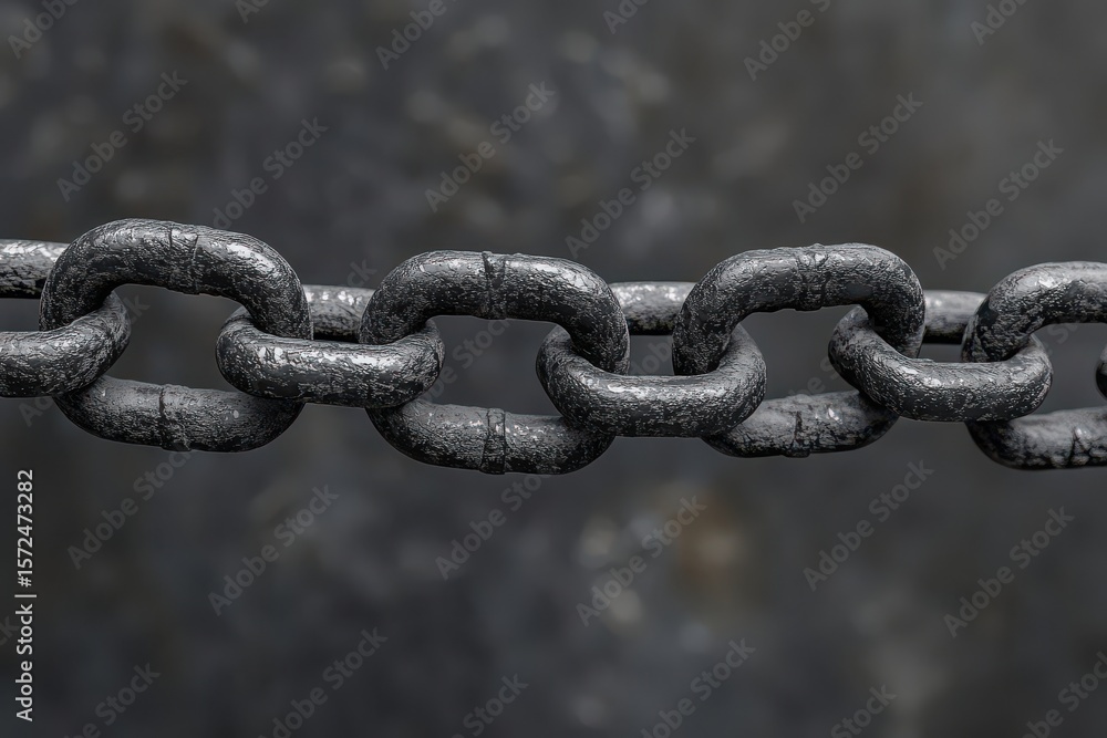Obraz premium A chain link is shown in a black and gray color. Closeup diagonal chain a blockchain concept gray.