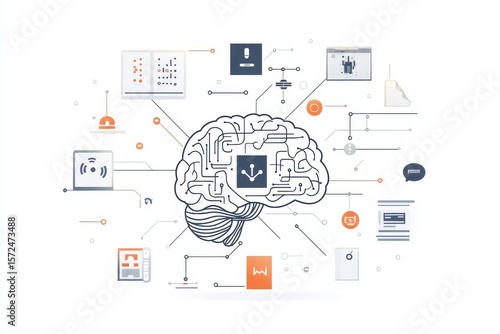 Wallpaper Mural A computer screen shows a brain with a lot of different icons. Digital brain with neural network and AI icons Isolated on white background. Torontodigital.ca