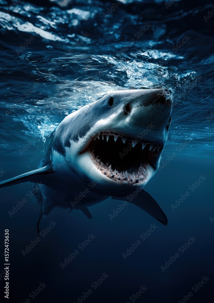 Naklejka premium Un grand requin blanc avec la gueule ouverte nageant sous la surface de l'océan, attitude menaçante, attaque imminente.