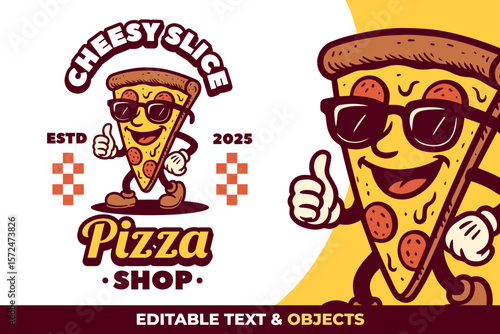 Pizza Retro Mascot Logo for Pizza Shop and Cafe. Cartoon Character Vector Illustration in Vintage Style