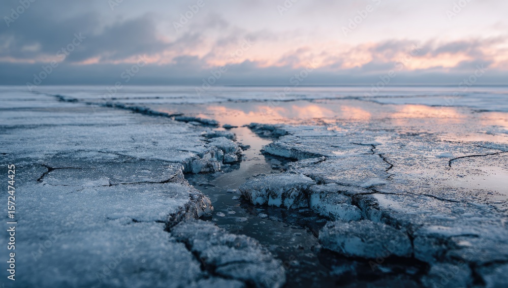 Fototapeta premium Frozen landscape with cracks in ice