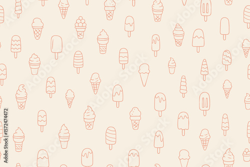 Seamless pattern of hand drawn different types of ice cream: waffle cone, ice cream in a cup, popsicle, sundae. Vector illustration for your design