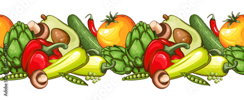 Food Border Seamless. Seamless Garland with Vegetables. Horizontal Vegetables Border. Veggies Background Seamless. Healthy Food Concept. Organic Food Farmers Markets, Banner, Flyer, Wallpaper, textile