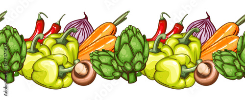 Food Border Seamless. Seamless Garland with Vegetables. Horizontal Vegetables Border. Veggies Background Seamless. Healthy Food Concept. Organic Food Farmers Markets, Banner, Flyer, Wallpaper, textile