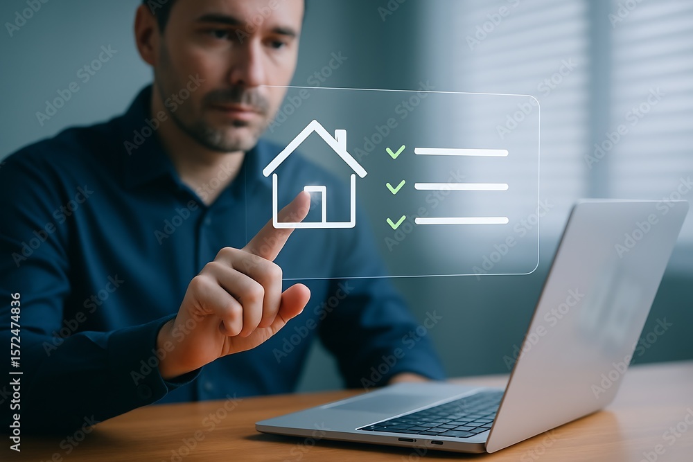 Man interacting with a digital checklist for home inspection, modern tech, business, and real estate concept Illustration Man interacting with a digital checklist for home inspection, modern tech, business, and real estate concept Illustration