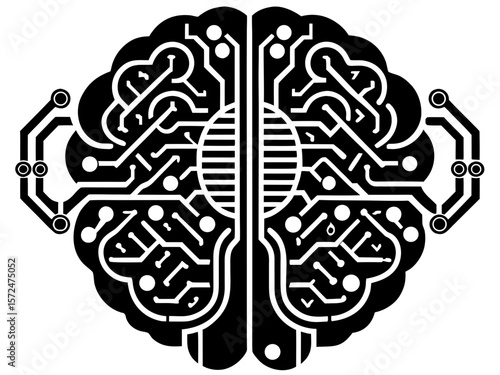 Artificial Intelligence Brain Circuit Board – Black and White Vector Illustration