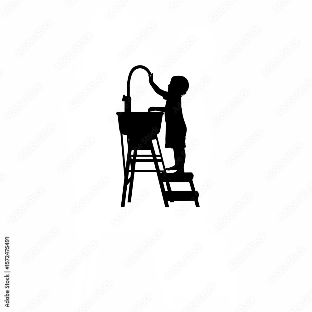 Fototapeta premium Silhouette of child using step stool at handwash station on white background
