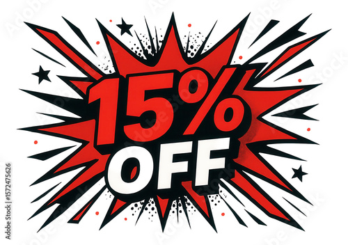 Red starburst sticker with 15% OFF in bold comic style, dynamic retail discount promo on transparent background.