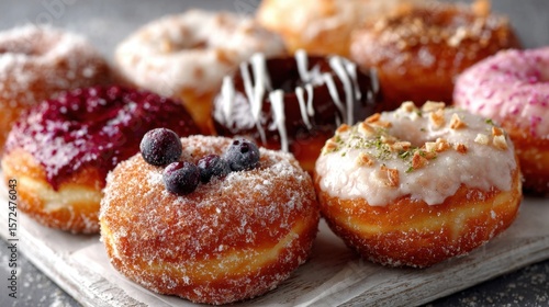 Wallpaper Mural Assortment of Gourmet Donuts with Various Toppings on a Wooden Board Torontodigital.ca