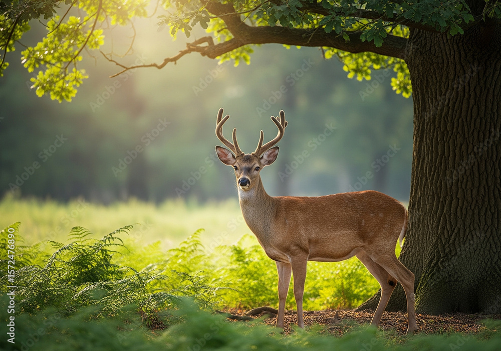 Fototapeta premium Regal Deer in Golden Hour Forest: A Serene Glimpse of Wildlife in Nature's Gentle Embrace