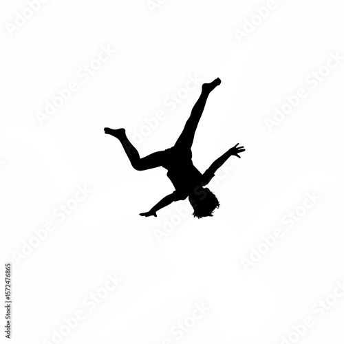 Silhouette of child with tilted body in playful imbalance on white background