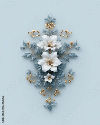 Elegant Floral Arrangement with White Flowers and Golden Accents on Soft Blue Background for Modern Decor and Design Projects