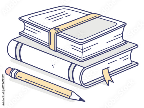 stack of books with pen