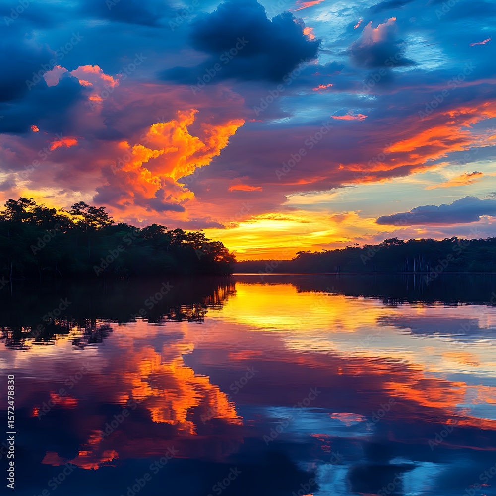 Fototapeta premium Dreamlike night landscape with mirrored stars on calm lake high resolution picture