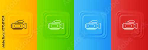 White Cinema camera icon isolated on colorful background. Video camera. Movie sign. Film projector. Set icons in square buttons. Vector