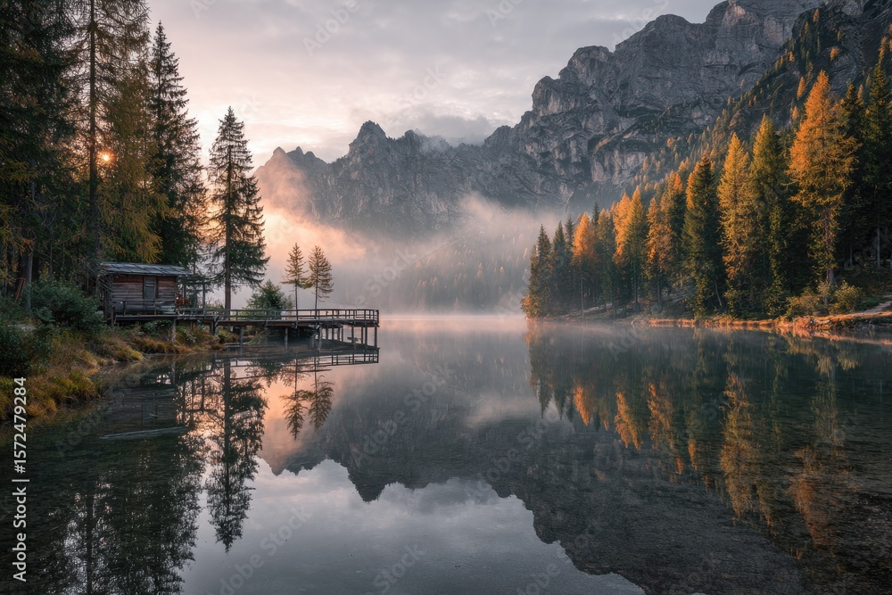 Fototapeta premium Misty mountain lake sunrise