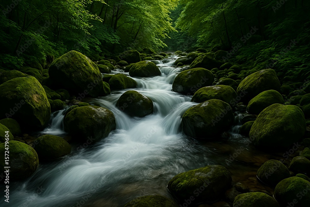 Fototapeta premium 苔むした岩と清流の森風景｜Forest Scene with Mossy Rocks and Clear Stream