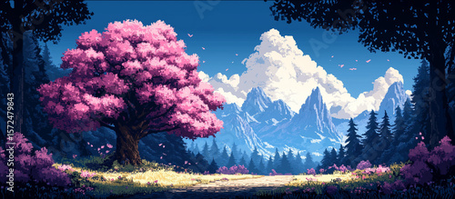 Game background of forest with blossom trees and mountains in flat cartoon pixel style