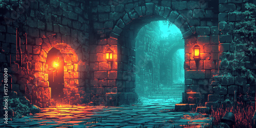 Video game interface background of ancient dungeon with stone walls and door and torches in flat cartoon 8-bit retro style