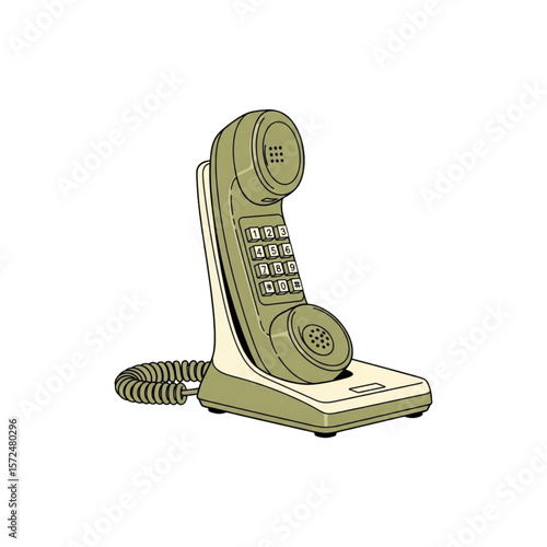 A vintage, olive-green landline telephone rests on its base, its coiled cord visible.