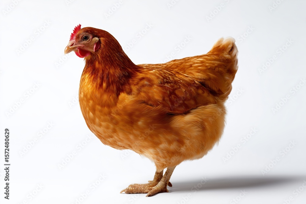 Fototapeta premium Golden feathered hen standing against white background