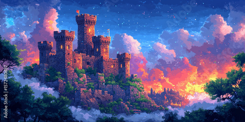 Video game interface background of fantastic fairy tale castle with towers and floating clouds in flat cartoon 8-bit retro style
