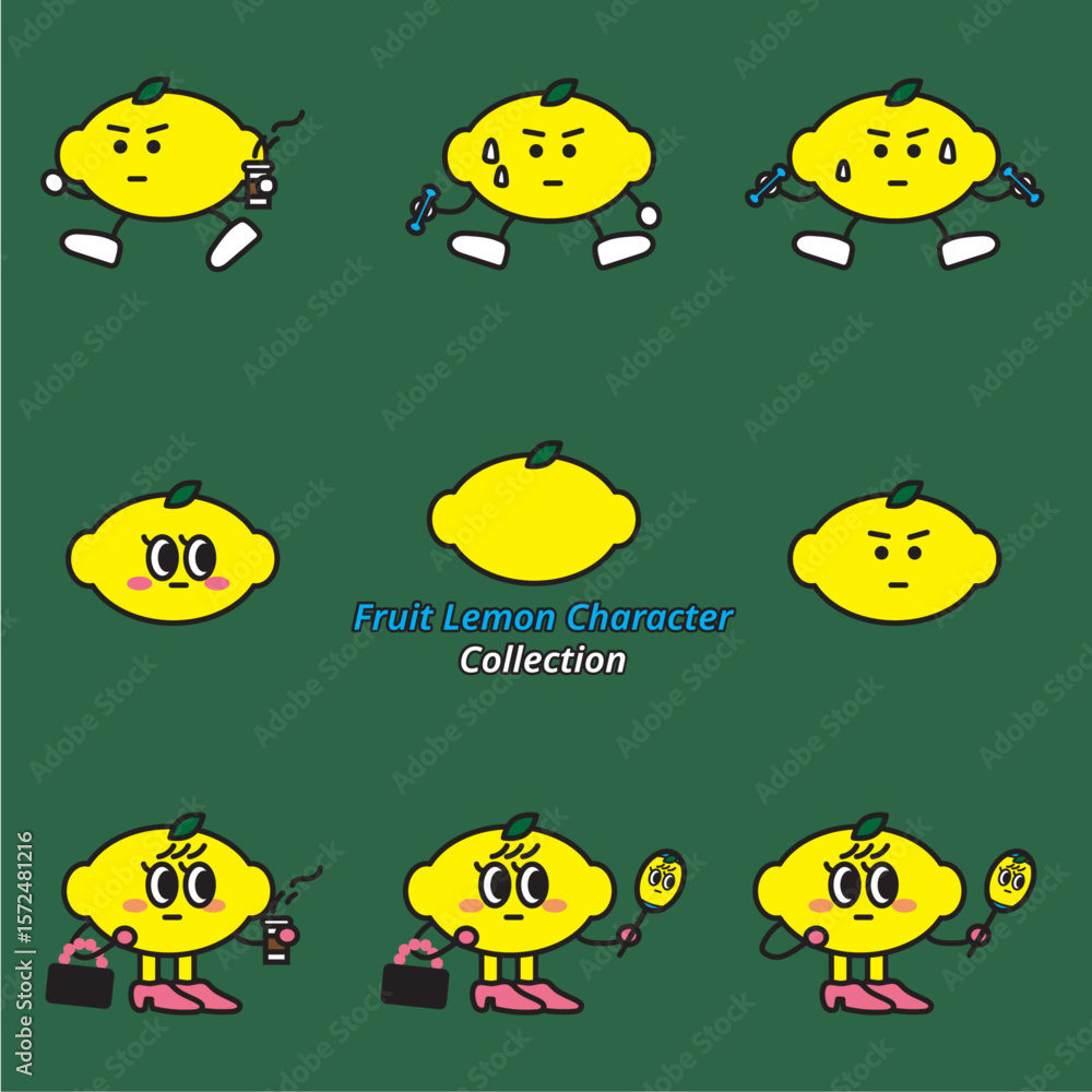 Naklejka premium A set of fruit lemon characters with various actions and emotions.