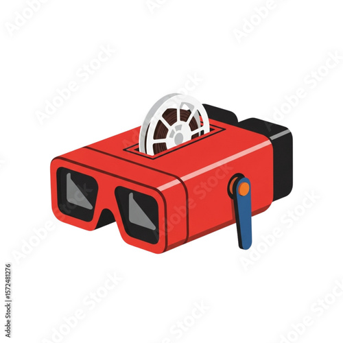 Retro 3D film viewer with exposed reel, isolated on white.
