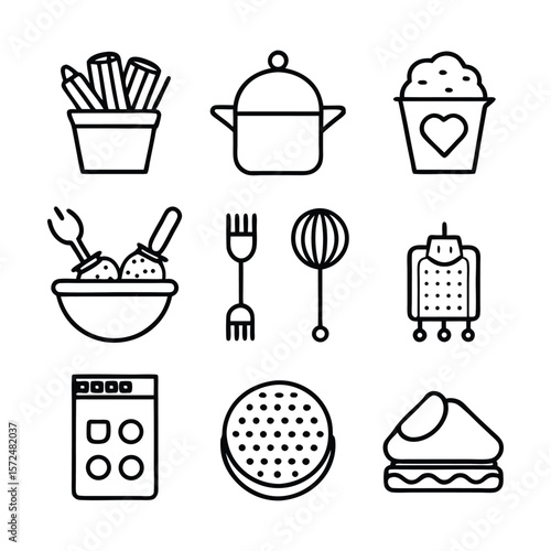 Kitchen cooking utensil and food icons french fries